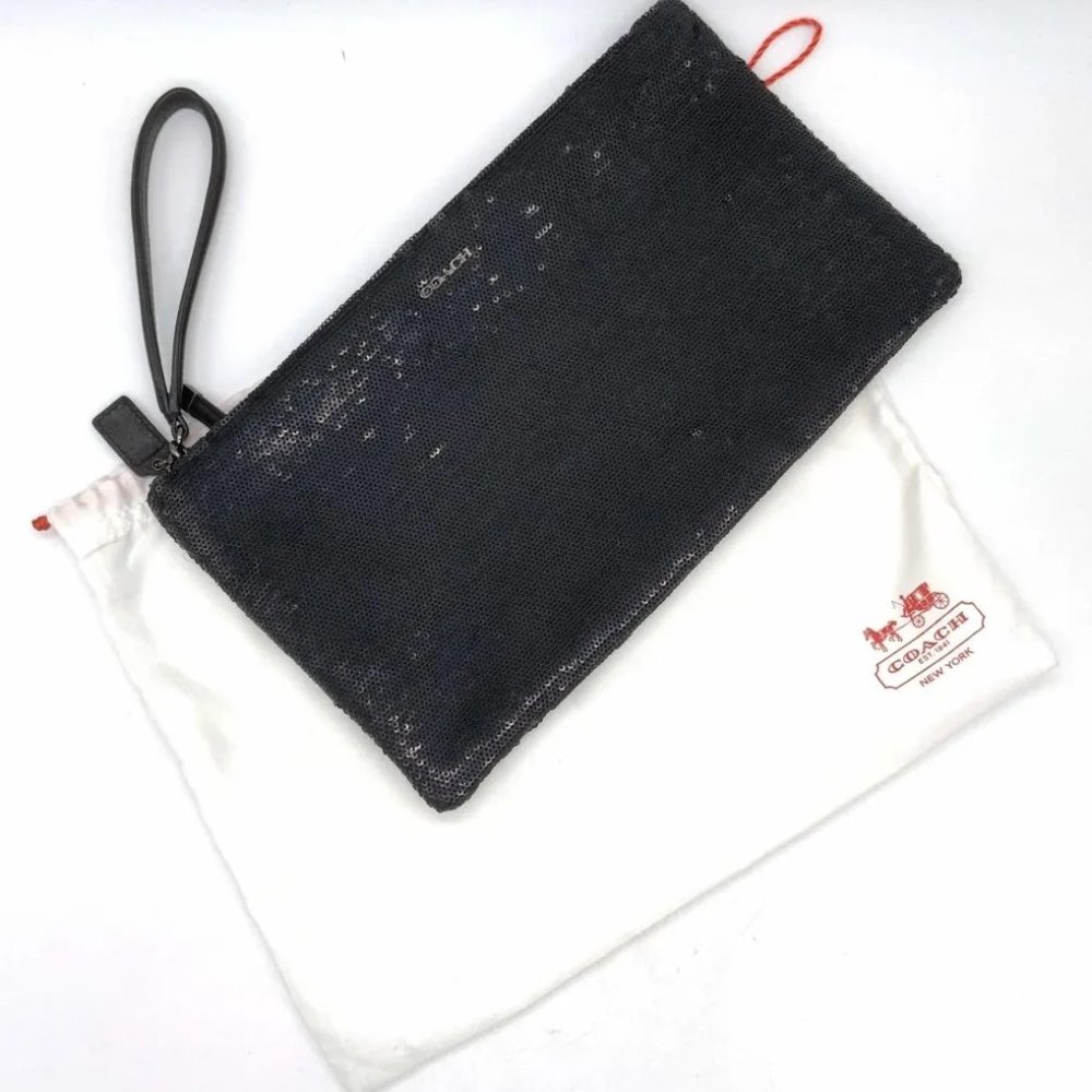 Coach New York Black Sequin Clutch Wristlet Pouch Large